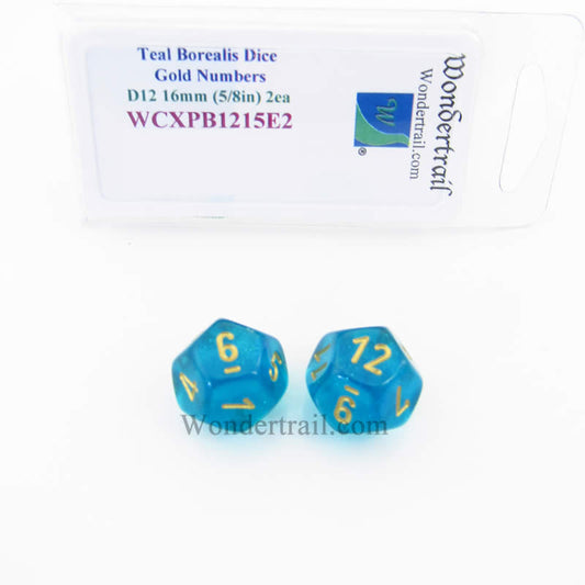 WCXPB1215E2 Teal Borealis Dice Gold Numbers D12 16mm Pack of 2 Main Image