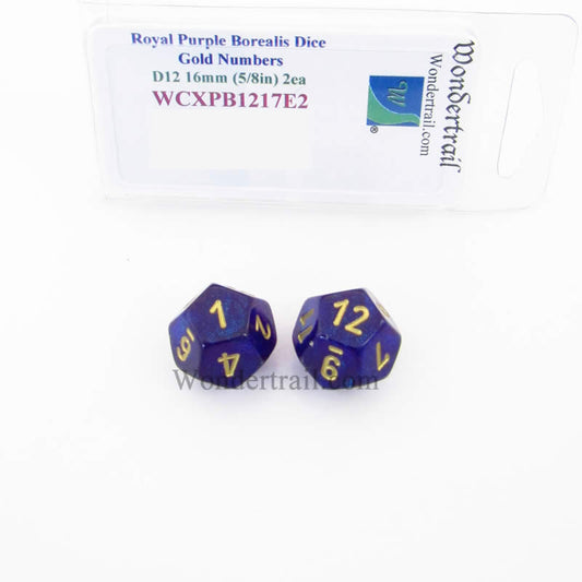 WCXPB1217E2 Royal Purple Borealis Dice Gold Numbers D12 16mm Pack of 2 Main Image