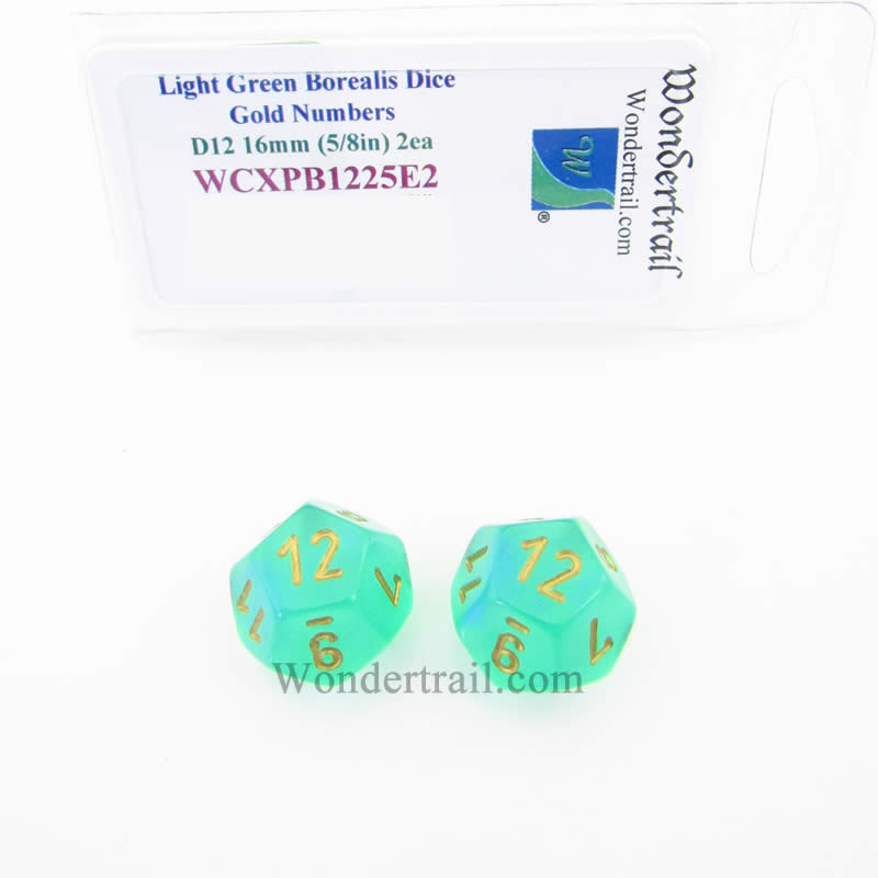 WCXPB1225E2 Light Green Borealis Dice Gold Numbers D12 16mm Pack of 2 Main Image