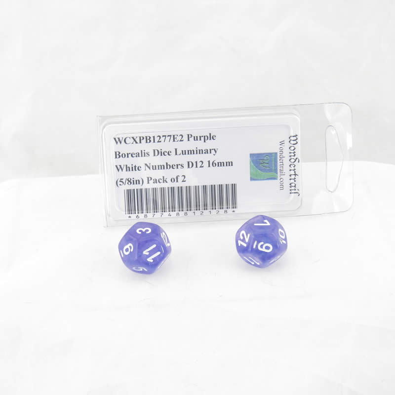 WCXPB1277E2 Purple Borealis Dice Luminary White Numbers D12 16mm (5/8in) Pack of 2 Main Image