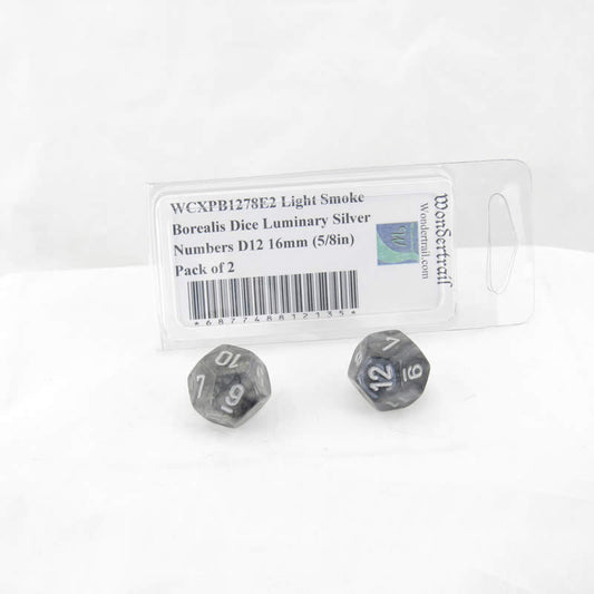 WCXPB1278E2 Light Smoke Borealis Dice Luminary Silver Numbers D12 16mm (5/8in) Pack of 2 Main Image