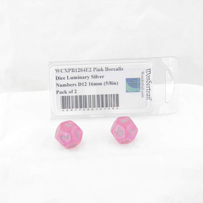 WCXPB1284E2 Pink Borealis Dice Luminary Silver Numbers D12 16mm (5/8in) Pack of 2 Main Image