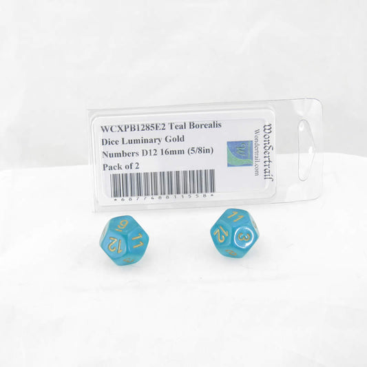 WCXPB1285E2 Teal Borealis Dice Luminary Gold Numbers D12 16mm (5/8in) Pack of 2 Main Image