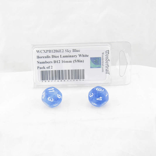 WCXPB1286E2 Sky Blue Borealis Dice Luminary White Numbers D12 16mm (5/8in) Pack of 2 Main Image
