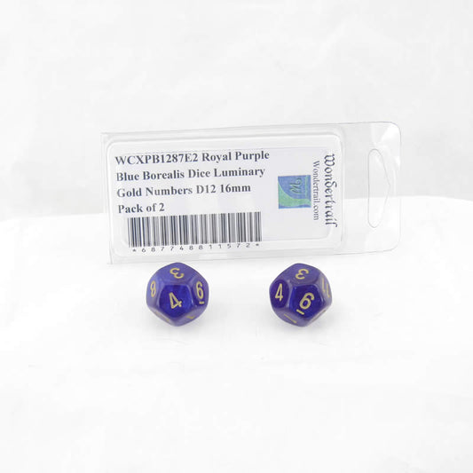 WCXPB1287E2 Royal Purple Blue Borealis Dice Luminary Gold Numbers D12 16mm Pack of 2 Main Image