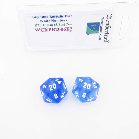 WCXPB2006E2 Sky Blue Borealis Dice White Numbers D20 16mm Pack of 2 Main Image