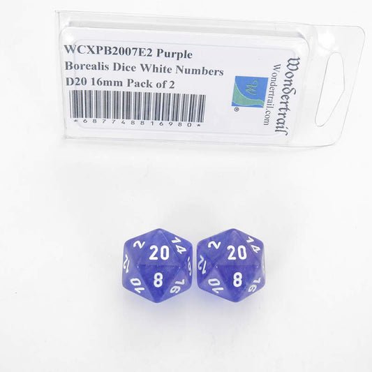 WCXPB2007E2 Purple Borealis Dice White Numbers D20 16mm Pack of 2 Main Image