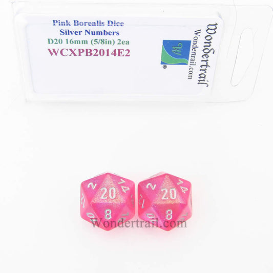 WCXPB2014E2 Pink Borealis Dice Silver Numbers D20 16mm Pack of 2 Main Image
