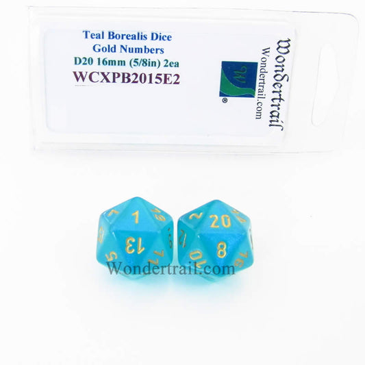 WCXPB2015E2 Teal Borealis Dice Gold Numbers D20 16mm Pack of 2 Main Image
