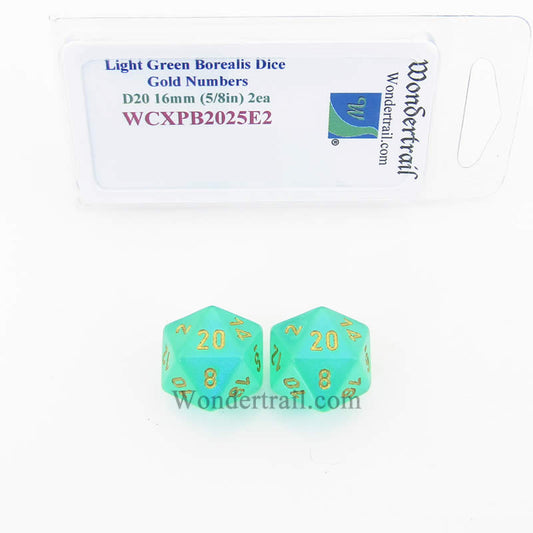 WCXPB2025E2 Light Green Borealis Dice Gold Numbers D20 16mm Pack of 2 Main Image