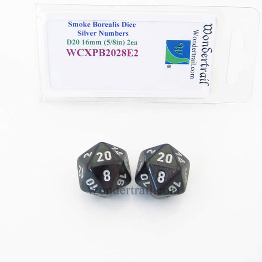 WCXPB2028E2 Smoke Borealis Dice Silver Numbers D20 16mm Pack of 2 Main Image