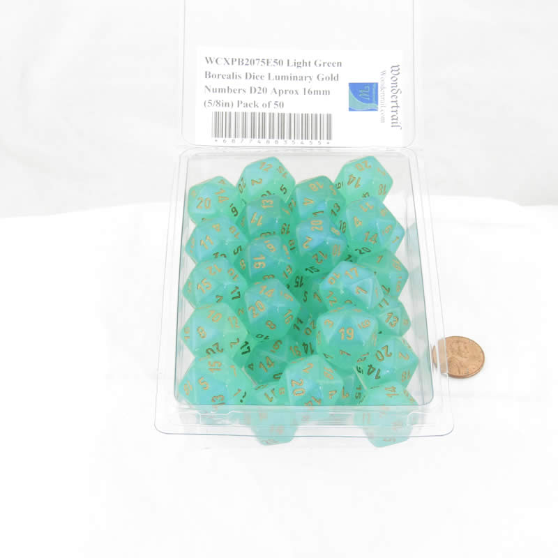 WCXPB2075E50 Light Green Borealis Dice Luminary Gold Numbers D20 Aprox 16mm (5/8in) Pack of 50 2nd Image