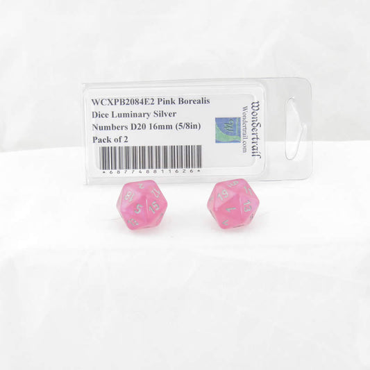WCXPB2084E2 Pink Borealis Dice Luminary Silver Numbers D20 16mm (5/8in) Pack of 2 Main Image