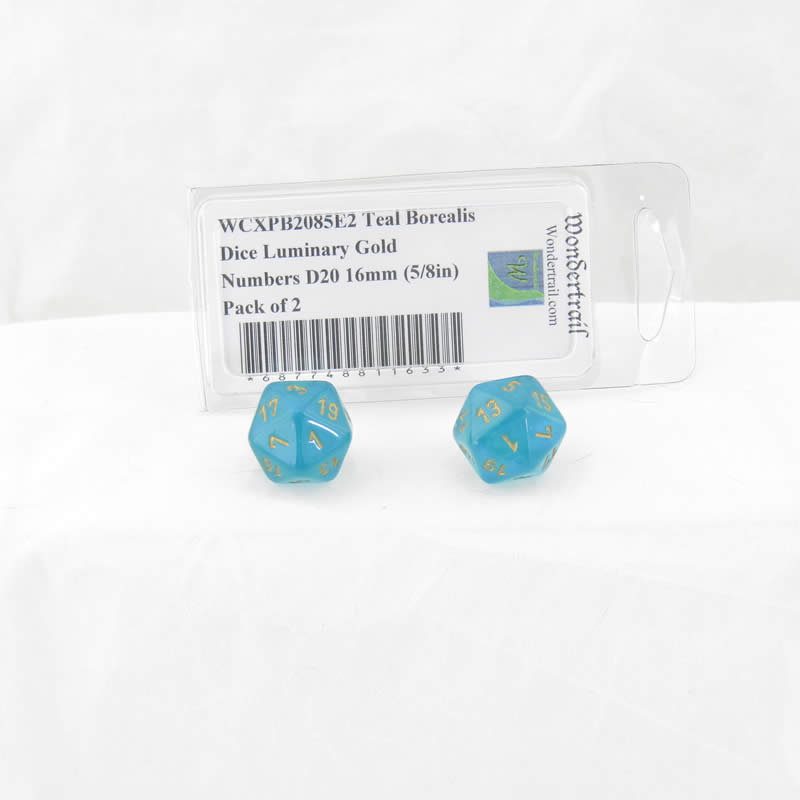 WCXPB2085E2 Teal Borealis Dice Luminary Gold Numbers D20 16mm (5/8in) Pack of 2 Main Image