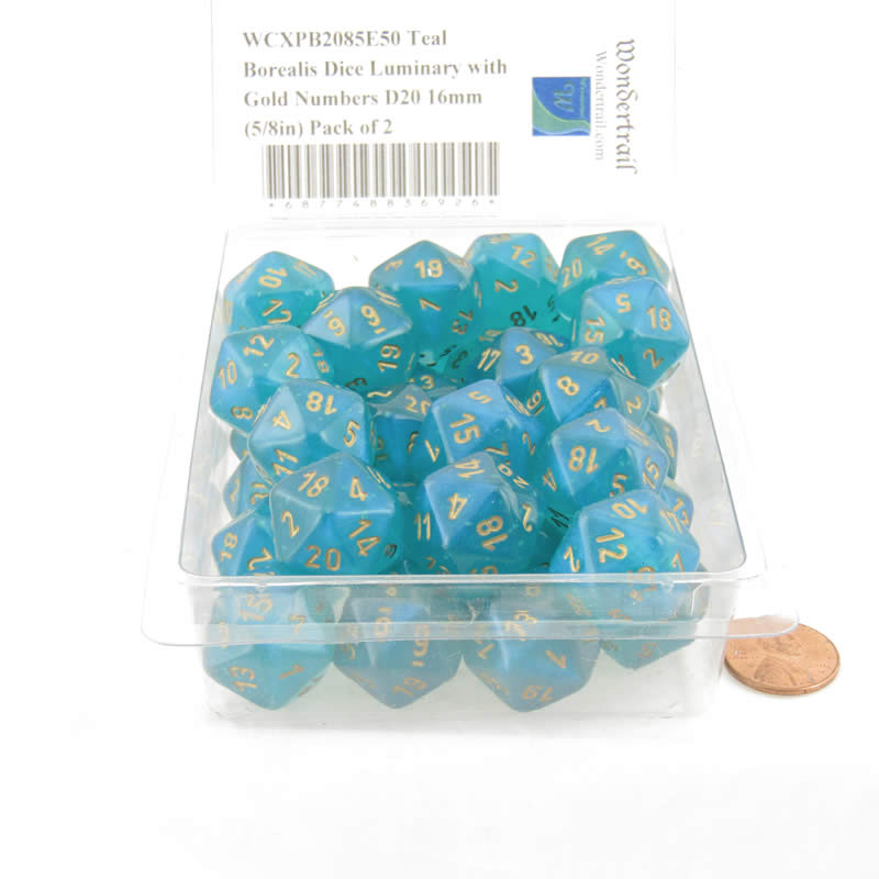 WCXPB2085E50 Teal Borealis Dice Luminary with Gold Numbers D20 16mm (5/8in) Pack of 2 2nd Image