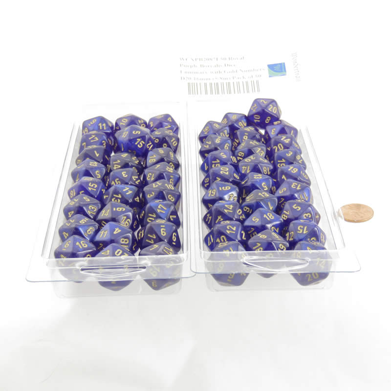 WCXPB2087E50 Royal Purple Borealis Dice Luminary with Gold Numbers D20 16mm (5/8in) Pack of 50 2nd Image