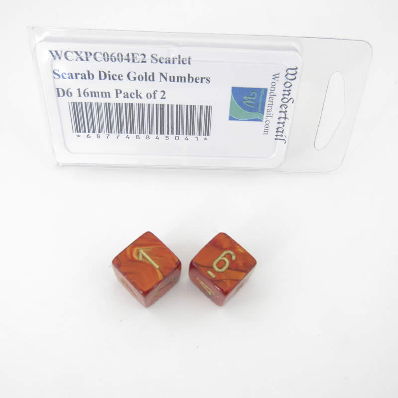 WCXPC0604E2 Scarlet Scarab Dice Gold Numbers D6 16mm Pack of 2 Main Image