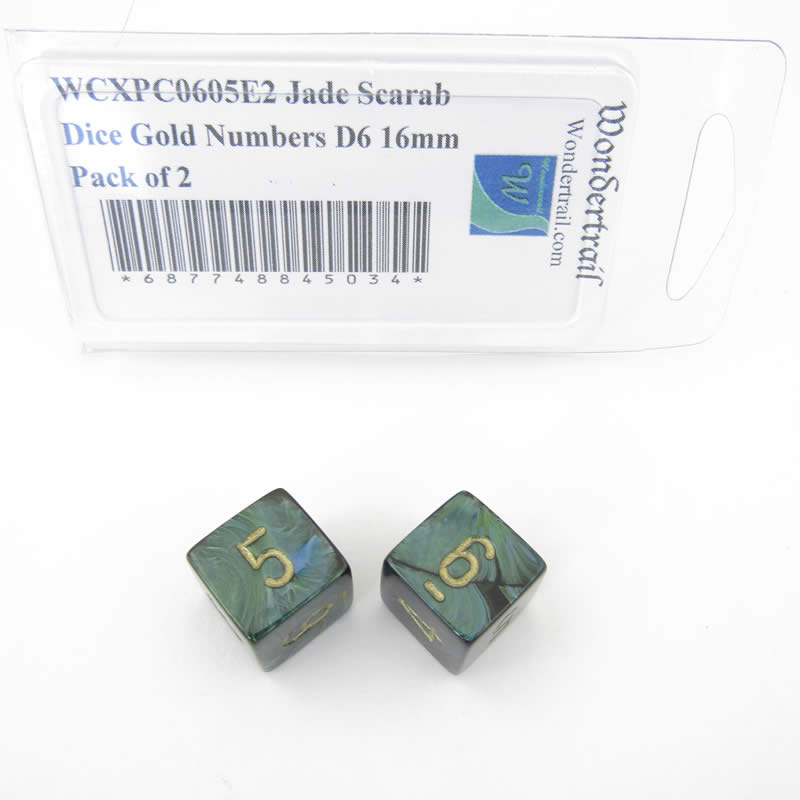 WCXPC0605E2 Jade Scarab Dice Gold Numbers D6 16mm Pack of 2 Main Image