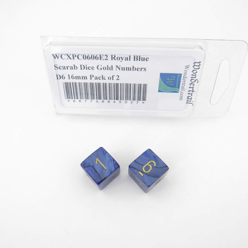 WCXPC0606E2 Royal Blue Scarab Dice Gold Numbers D6 16mm Pack of 2 Main Image