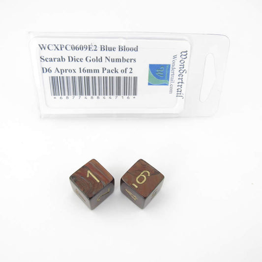 WCXPC0609E2 Blue Blood Scarab Dice Gold Numbers D6 Aprox 16mm Pack of 2 Main Image