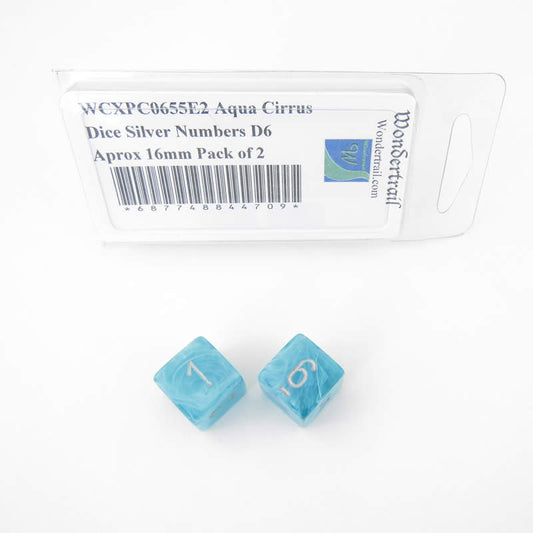 WCXPC0655E2 Aqua Cirrus Dice Silver Numbers D6 Aprox 16mm Pack of 2 Main Image