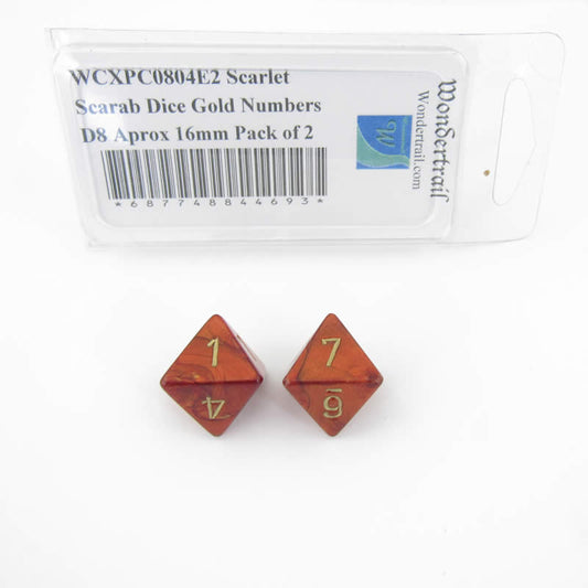 WCXPC0804E2 Scarlet Scarab Dice Gold Numbers D8 Aprox 16mm Pack of 2 Main Image