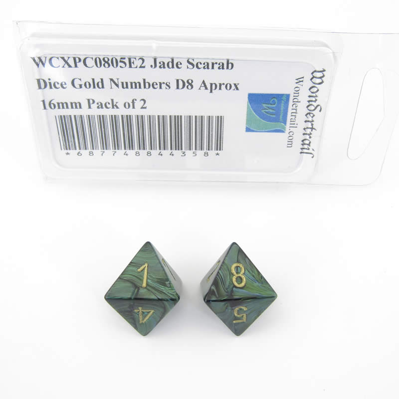 WCXPC0805E2 Jade Scarab Dice Gold Numbers D8 Aprox 16mm Pack of 2 Main Image