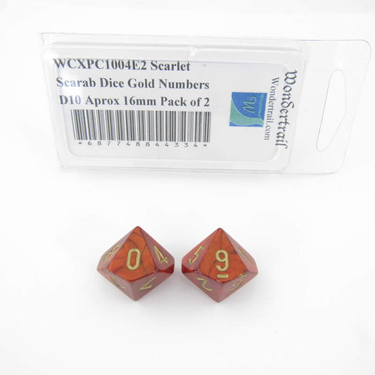 WCXPC1004E2 Scarlet Scarab Dice Gold Numbers D10 Aprox 16mm Pack of 2 Main Image
