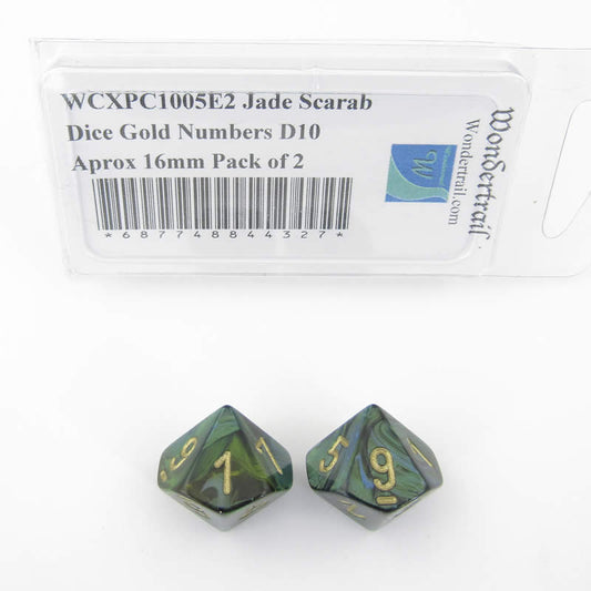 WCXPC1005E2 Jade Scarab Dice Gold Numbers D10 Aprox 16mm Pack of 2 Main Image