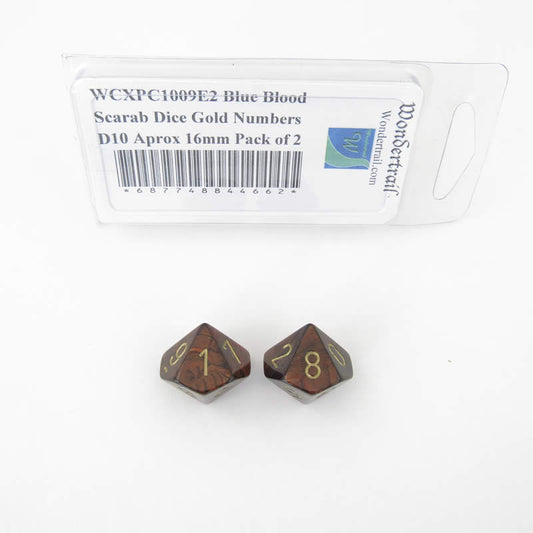 WCXPC1009E2 Blue Blood Scarab Dice Gold Numbers D10 Aprox 16mm Pack of 2 Main Image