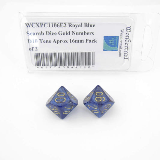 WCXPC1106E2 Royal Blue Scarab Dice Gold Numbers D10 Tens Approx 16mm Pack of 2 Main Image