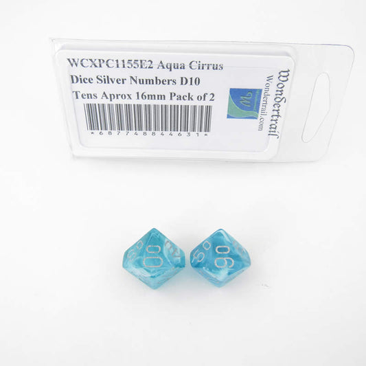 WCXPC1155E2 Aqua Cirrus Dice Silver Numbers D10 Tens Aprox 16mm Pack of 2 Main Image