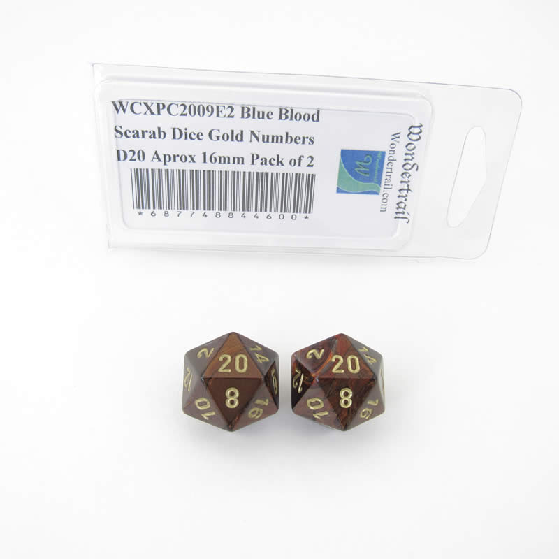 WCXPC2009E2 Blue Blood Scarab Dice Gold Numbers D20 Aprox 16mm Pack of 2 Main Image