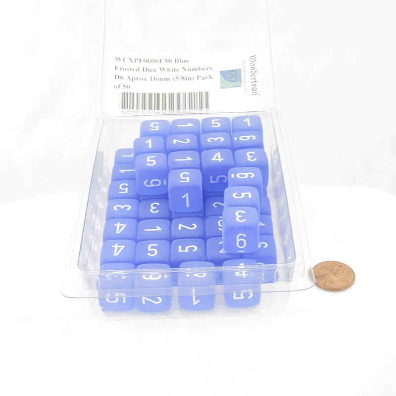 WCXPF0606E50 Blue Frosted Dice White Numbers D6 Aprox 16mm (5/8in) Pack of 50 Main Image