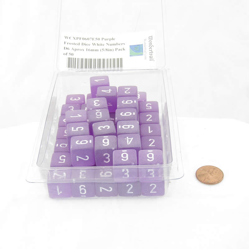 WCXPF0607E50 Purple Frosted Dice White Numbers D6 Aprox 16mm (5/8in) Pack of 50 Main Image