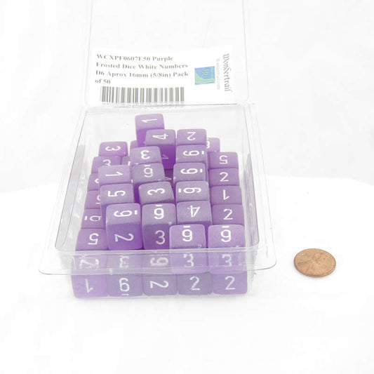 WCXPF0607E50 Purple Frosted Dice White Numbers D6 Aprox 16mm (5/8in) Pack of 50 Main Image