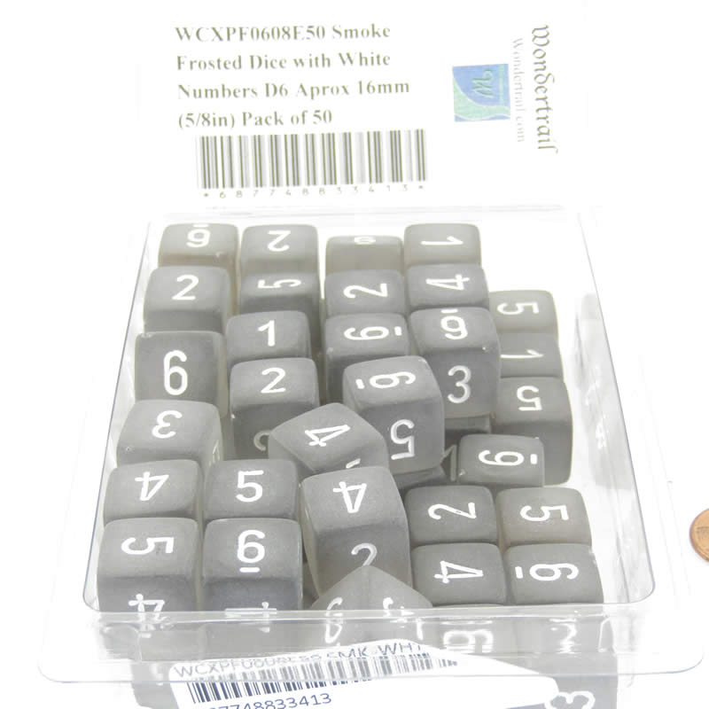 WCXPF0608E50 Smoke Frosted Dice with White Numbers D6 Aprox 16mm (5/8in) Pack of 50 Main Image