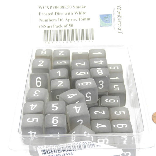 WCXPF0608E50 Smoke Frosted Dice with White Numbers D6 Aprox 16mm (5/8in) Pack of 50 Main Image