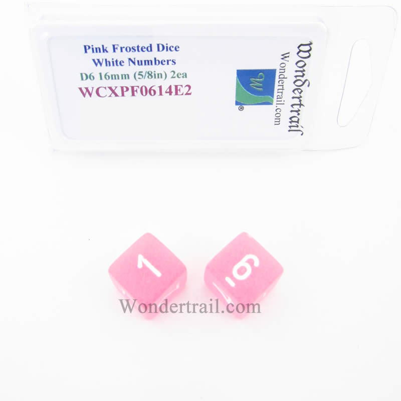 WCXPF0614E2 Pink Frosted Dice White Numbers D6 16mm Pack of 2 Main Image