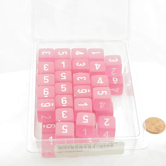 WCXPF0614E50 Pink Frosted Dice with White Numbers D6 Aprox 16mm (5/8in) Pack of 50 Main Image