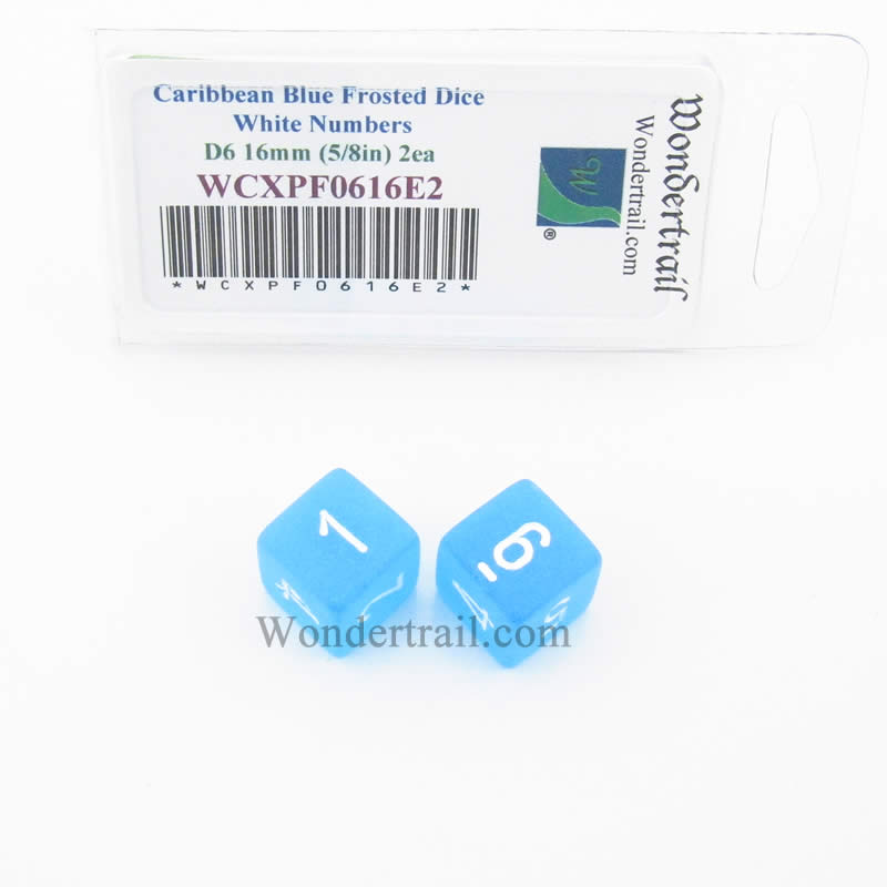 WCXPF0616E2 Caribbean Blue Frosted Dice White Numbers D6 16mm Pack of 2 Main Image