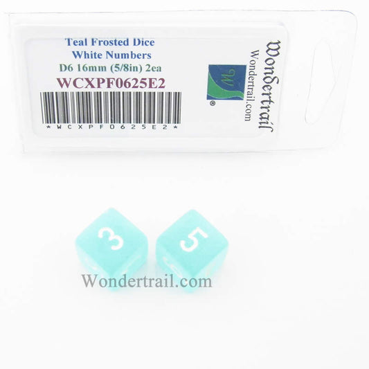 WCXPF0625E2 Teal Frosted Dice White Numbers D6 16mm (5/8in) Pack of 2 Main Image