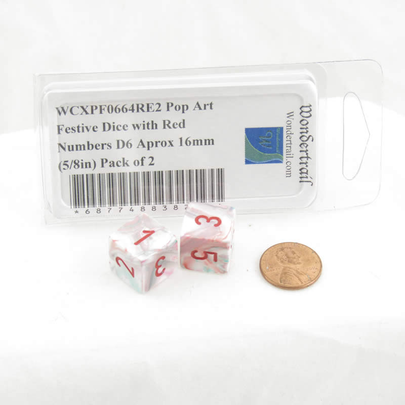WCXPF0664RE2 Pop Art Festive Dice with Red Numbers D6 Aprox 16mm (5/8in) Pack of 2 2nd Image