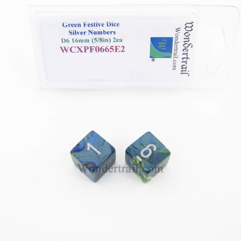 WCXPF0665E2 Green Festive Dice Silver Numbers D6 16mm Pack of 2 Main Image