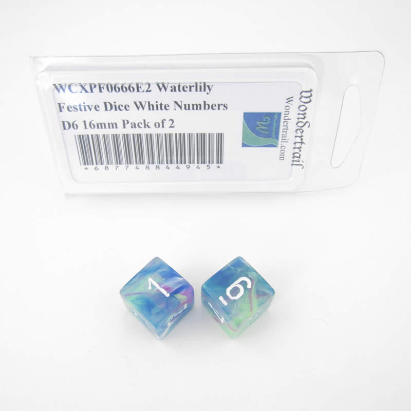 WCXPF0666E2 Waterlily Festive Dice White Numbers D6 16mm Pack of 2 Main Image