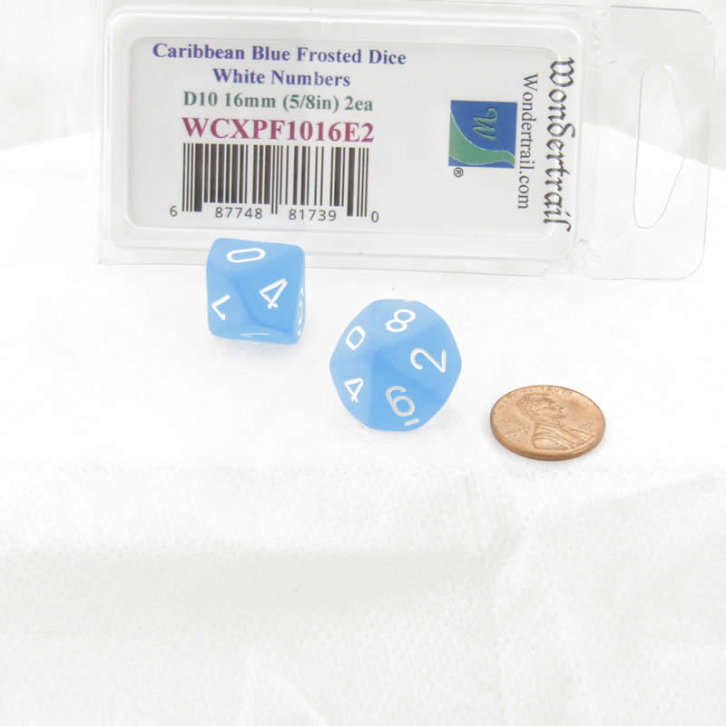 WCXPF1016E2 Caribbean Blue Frosted Dice White Numbers D10 16mm Pack of 2 2nd Image