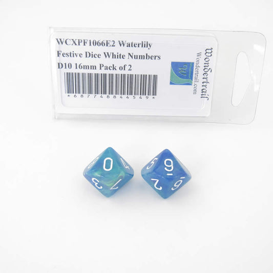 WCXPF1066E2 Waterlily Festive Dice White Numbers D10 16mm Pack of 2 Main Image