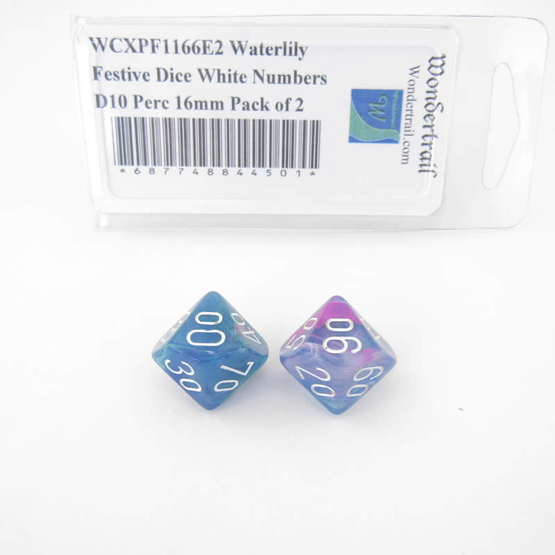 WCXPF1166E2 Waterlily Festive Dice White Numbers D10 Perc 16mm Pack of 2 Main Image