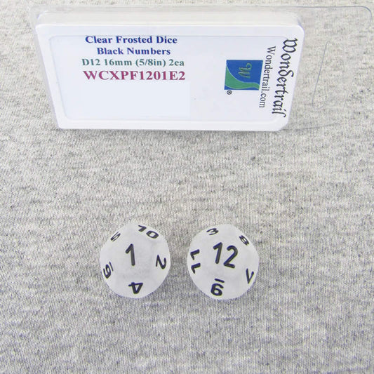 WCXPF1201E2 Clear Frosted Dice Black Numbers D12 16mm Pack of 2 Main Image