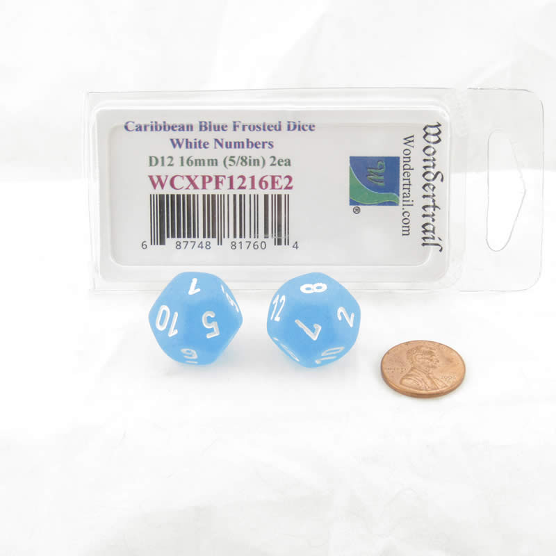 WCXPF1216E2 Caribbean Blue Frosted Dice White Numbers D12 16mm Pack of 2 2nd Image